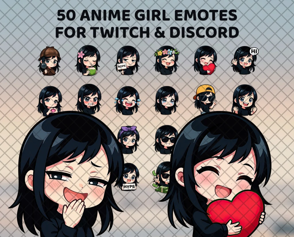 50 black hair anime girl emotes for Twitch, Discord and Kick: a blue-eyed anime girl hugging a heart or laughing behind her hand.