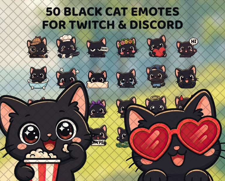 50 black cat emotes for Twitch, Discord and Kick: a big-eyed black cat eating popcorn, flirting in heart-shaped sunglasses and more.