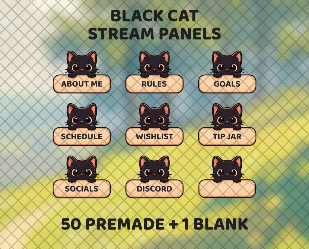 50 black cat stream panels for Twitch and Kick, plus a blank one: a black cat with pink-lined ears peeks over every peach label.