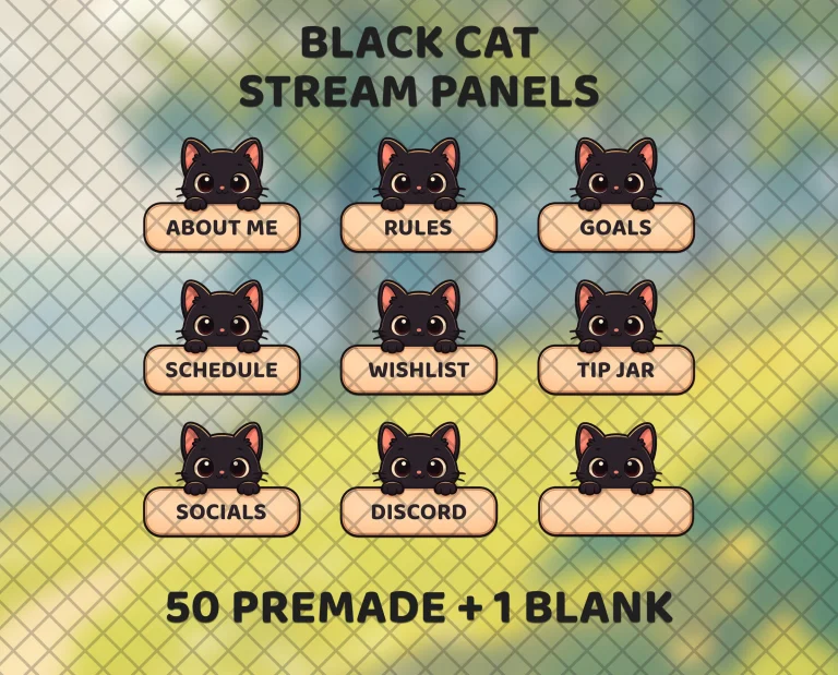 50 black cat stream panels for Twitch and Kick, plus a blank one: a black cat with pink-lined ears peeks over every peach label.