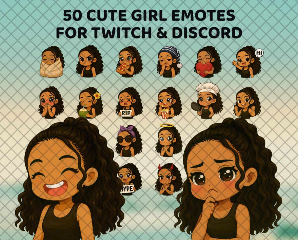 50 curly hair girl emotes for Twitch, Discord and Kick: a girl with dark curls, from a big open laugh to a worried, chin-in-hand look.