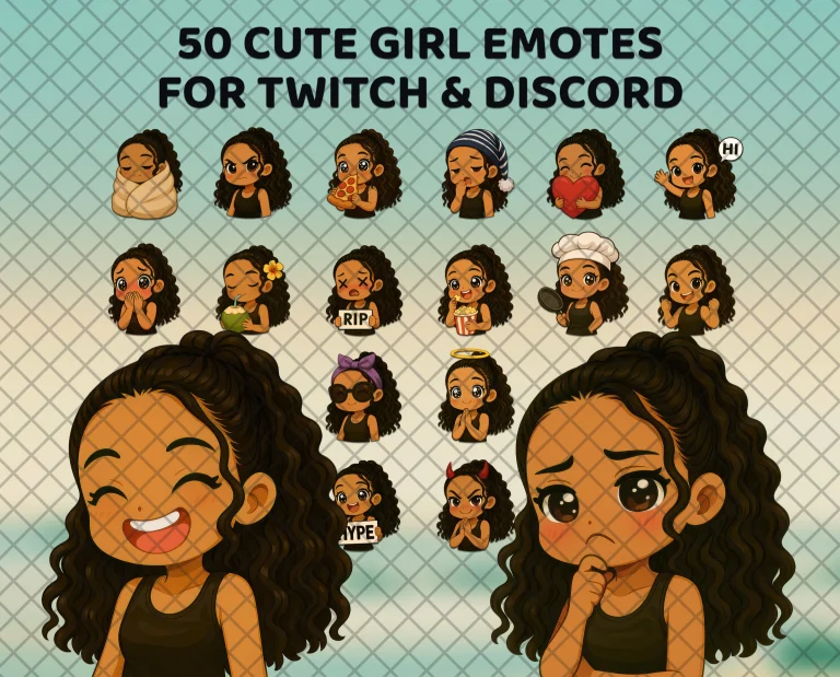 50 curly hair girl emotes for Twitch, Discord and Kick: a girl with dark curls, from a big open laugh to a worried, chin-in-hand look.