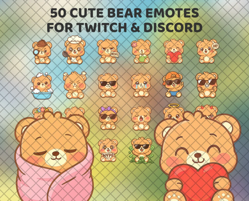 50 cute bear emotes for Twitch, Discord and Kick: a honey-brown teddy bear napping in a pink blanket or hugging a big red heart.