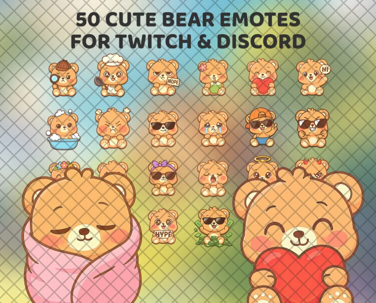 50 cute bear emotes for Twitch, Discord and Kick: a honey-brown teddy bear napping in a pink blanket or hugging a big red heart.