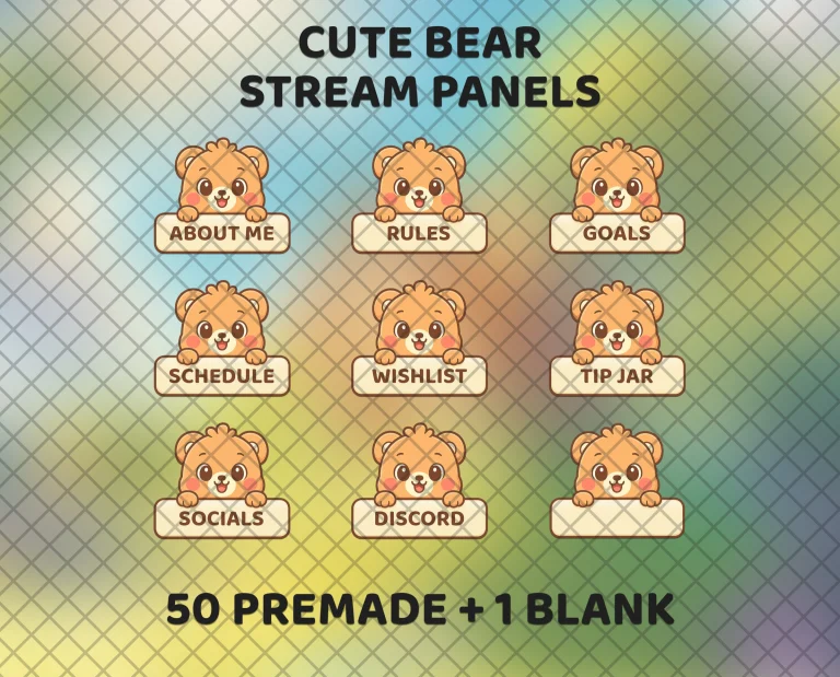 50 cute bear stream panels for Twitch and Kick, plus a blank one: a honey-brown bear peeks over every cream label.
