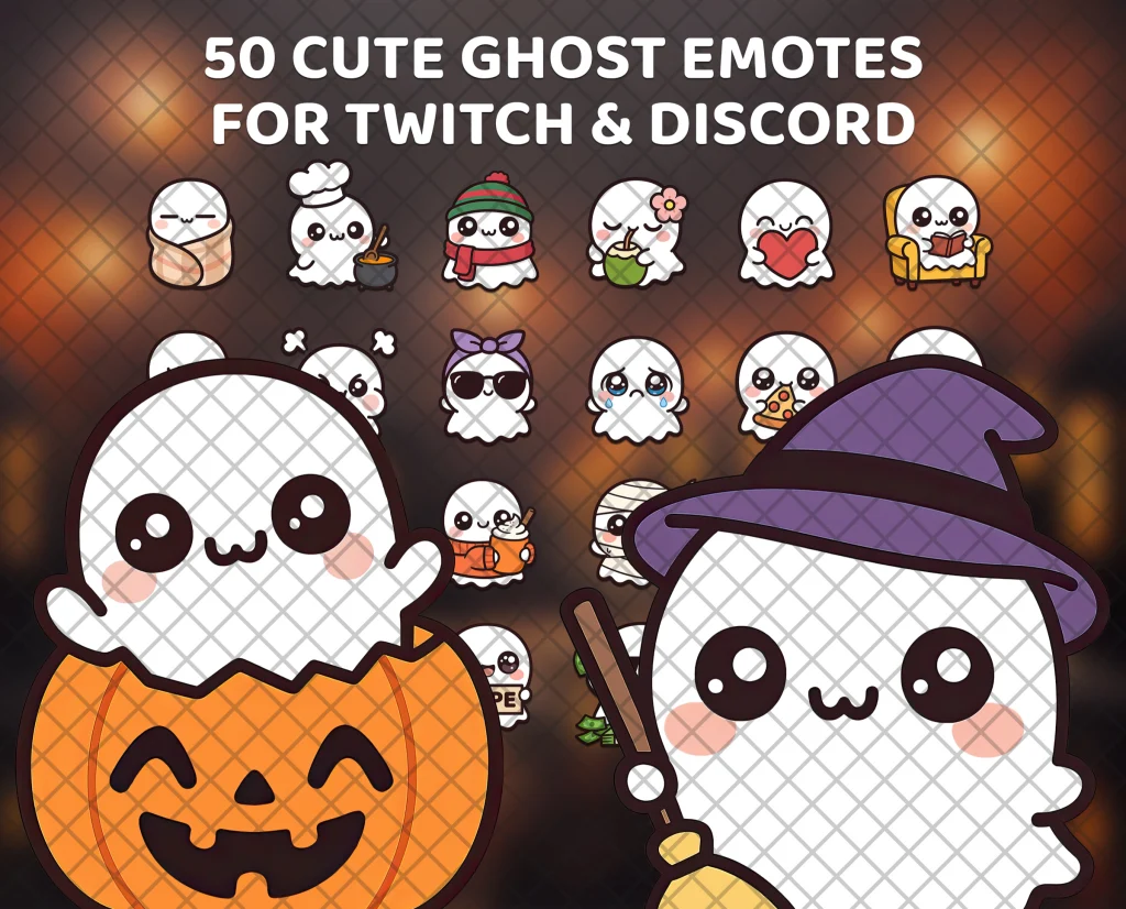 50 cute ghost emotes for Twitch, Discord and Kick: a round white ghost peeking out of a jack-o'-lantern or flying a broom in a witch hat.