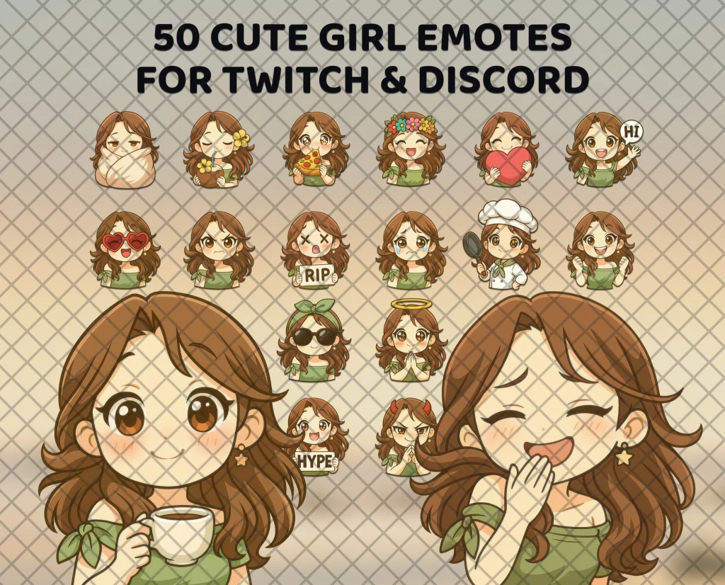 50 brown hair girl emotes for Twitch, Discord and Kick: a chibi girl with wavy brown hair and a green dress, laughing over coffee.