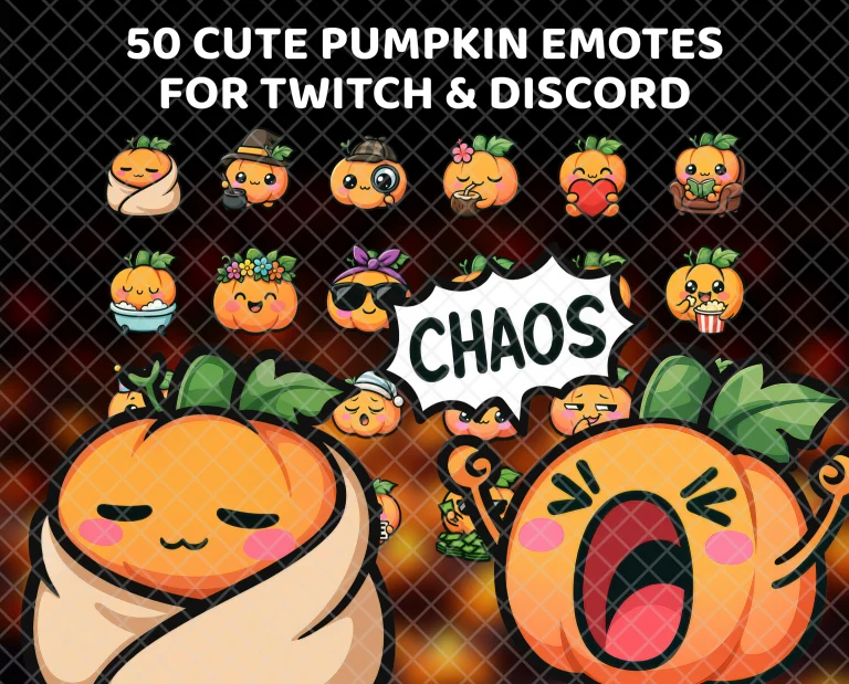 50 cute pumpkin emotes for Twitch, Discord and Kick: round orange pumpkins with pink cheeks, from sleepy in a blanket to screaming CHAOS.
