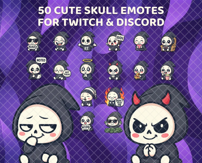 50 cute skull emotes for Twitch, Discord and Kick: little grim reapers in black hoods holding RAID, BAN, NOTED and HYPE signs.