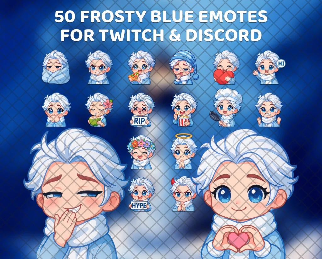 50 frosty blue chibi emotes for Twitch, Discord and Kick: a chibi with silver-white hair and icy blue eyes, drawn in cool blues and whites.