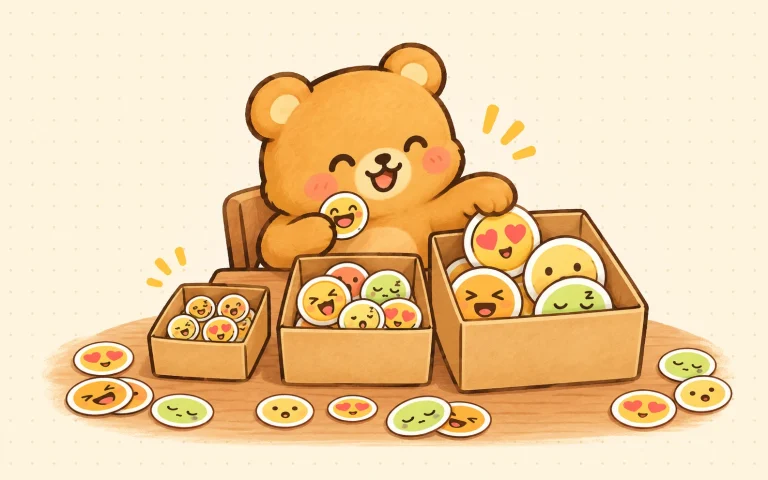 A honey-brown bear sorting emote stickers into boxes by size, ready to add emotes to Twitch, Discord and Kick