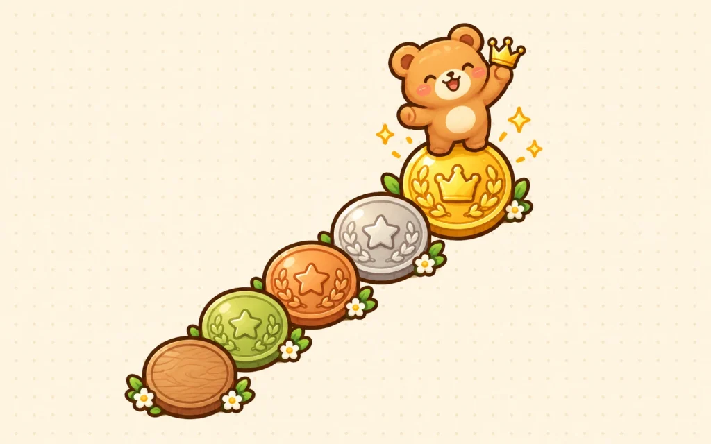 A bear holding up a crown on a row of badges that rise from wood to gold, like sub badges for longer milestones