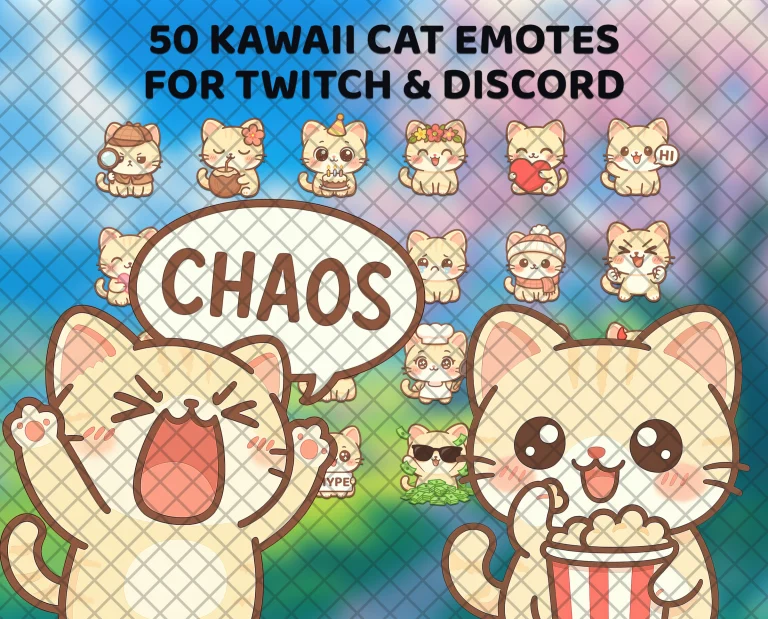 50 kawaii cat emotes for Twitch, Discord and Kick: a cream-colored kitten with pink cheeks, from screaming CHAOS to eating popcorn.