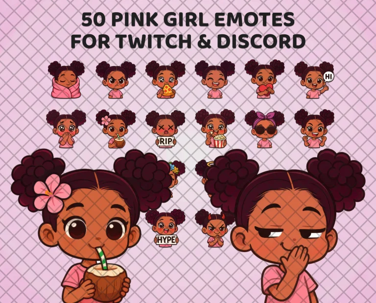 50 pink girl emotes for Twitch, Discord and Kick: a girl with two curly hair puffs and a pink top, drawn with big eyes and soft shading.