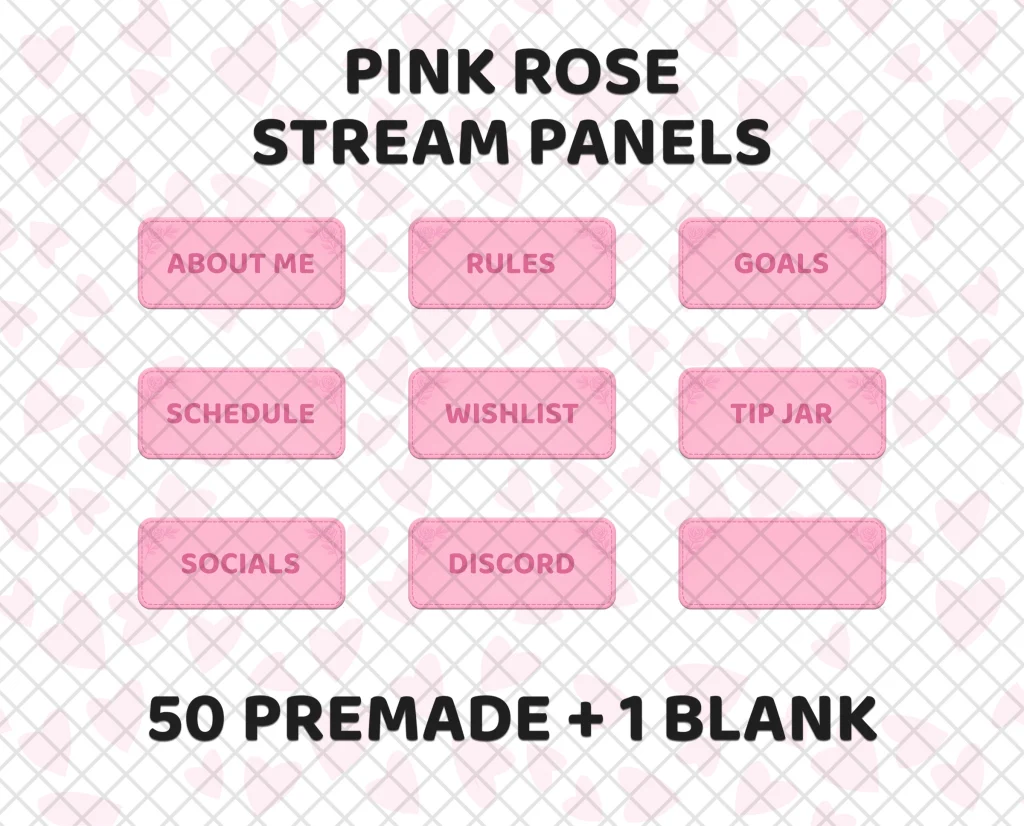 50 pink rose stream panels for Twitch and Kick, plus a blank one: soft pink labels with stitched borders and small roses in the corners.