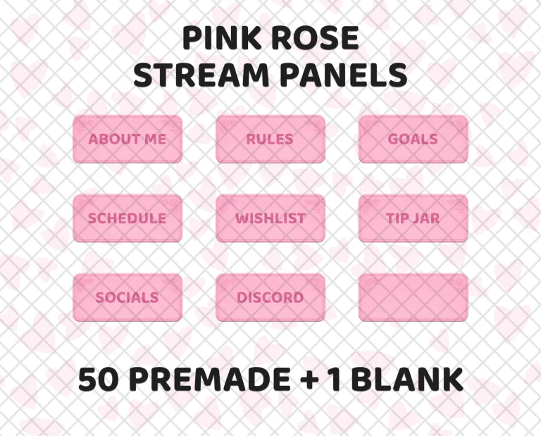 50 pink rose stream panels for Twitch and Kick, plus a blank one: soft pink labels with stitched borders and small roses in the corners.
