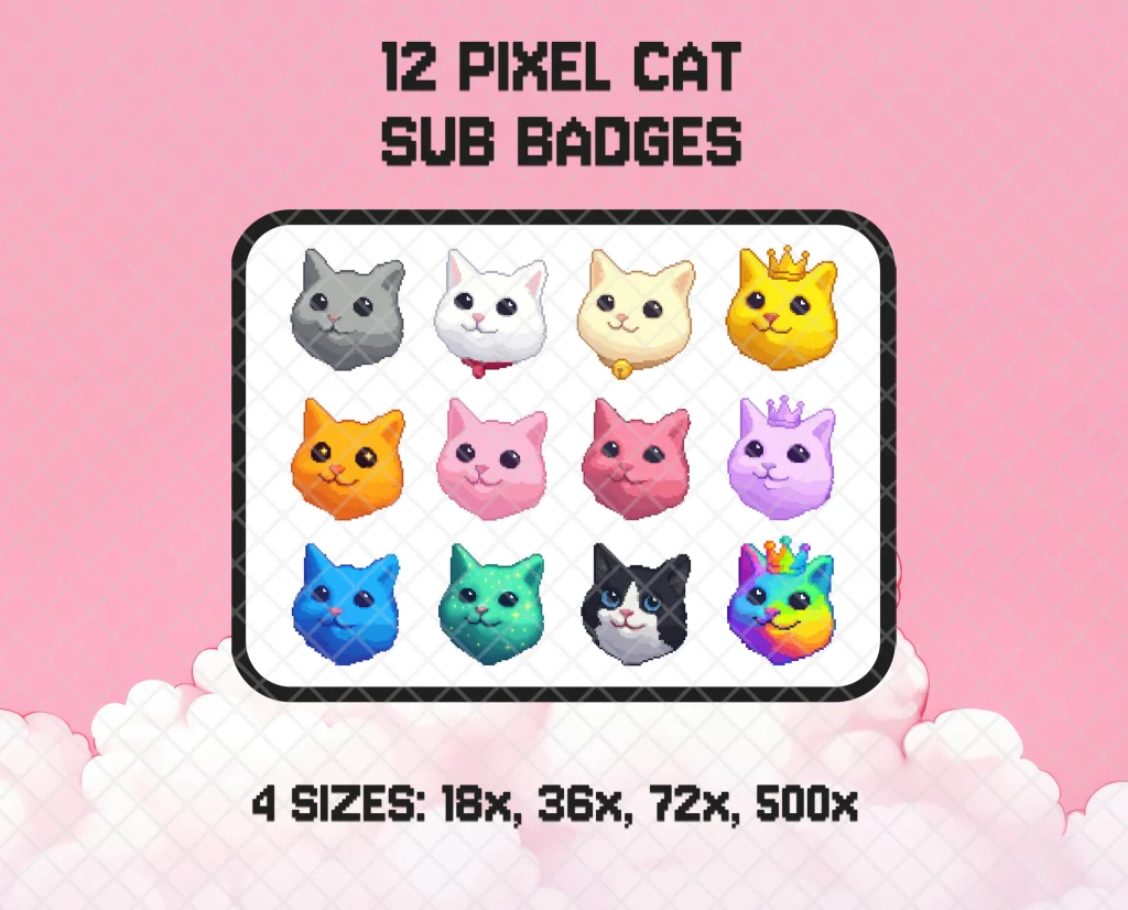 12 pixel cat sub badges for Twitch: a pixel-art cat head for each subscriber milestone, from a plain gray cat to a crowned rainbow cat.