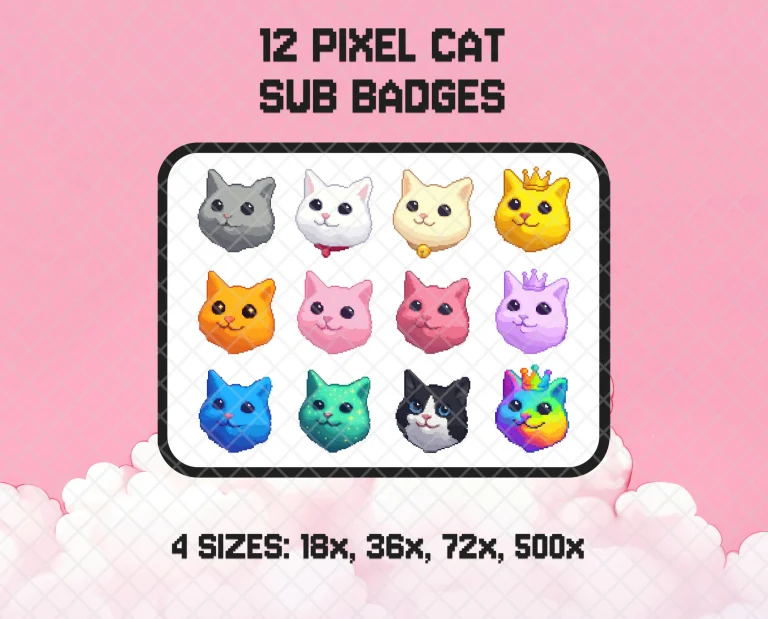 12 pixel cat sub badges for Twitch: a pixel-art cat head for each subscriber milestone, from a plain gray cat to a crowned rainbow cat.