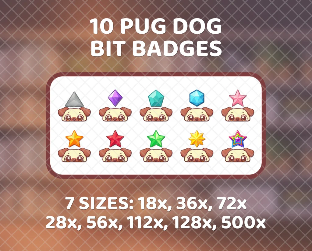 10 pug dog bit badges for Twitch: the Pinicon pug peeking up from under ten different gems and stars, with matching emote reward files.