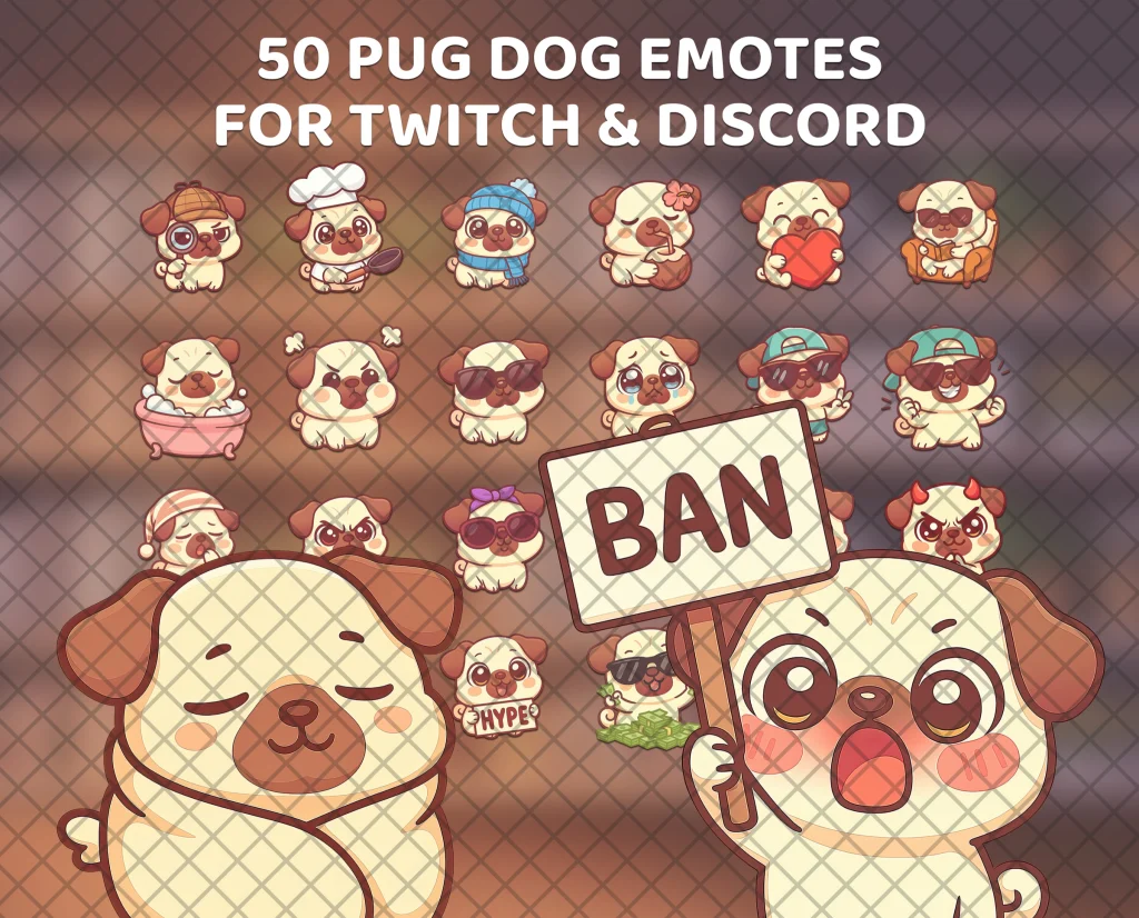 50 pug dog emotes for Twitch, Discord and Kick: a fawn pug with a wrinkled forehead, ready to hold up a BAN sign when chat needs it.