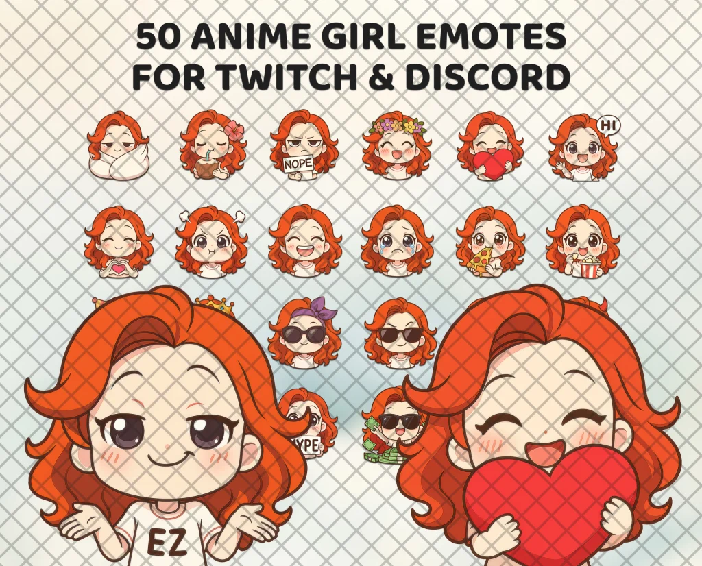 50 red hair anime girl emotes for Twitch, Discord and Kick: a chibi girl with wavy red hair and big gray eyes, from shy to smug.