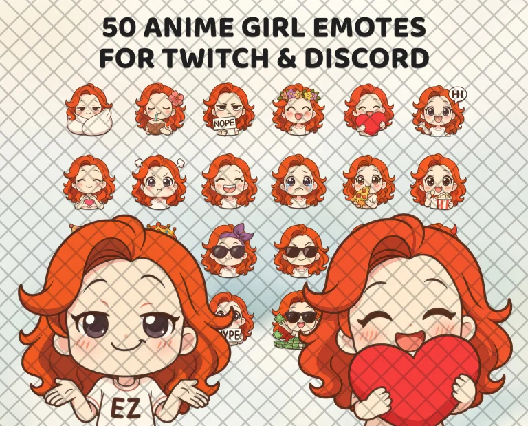 50 red hair anime girl emotes for Twitch, Discord and Kick: a chibi girl with wavy red hair and big gray eyes, from shy to smug.