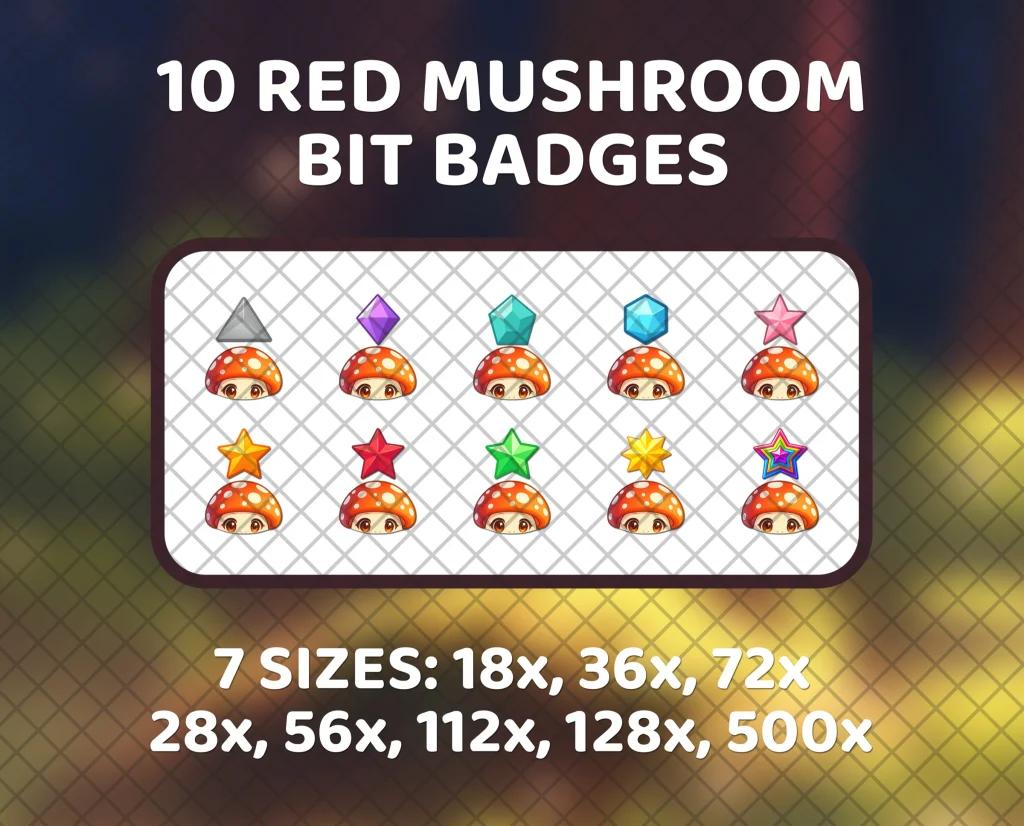 10 red mushroom bit badges for Twitch: the red mushroom character topped with its own gem or star, with matching emote reward files.