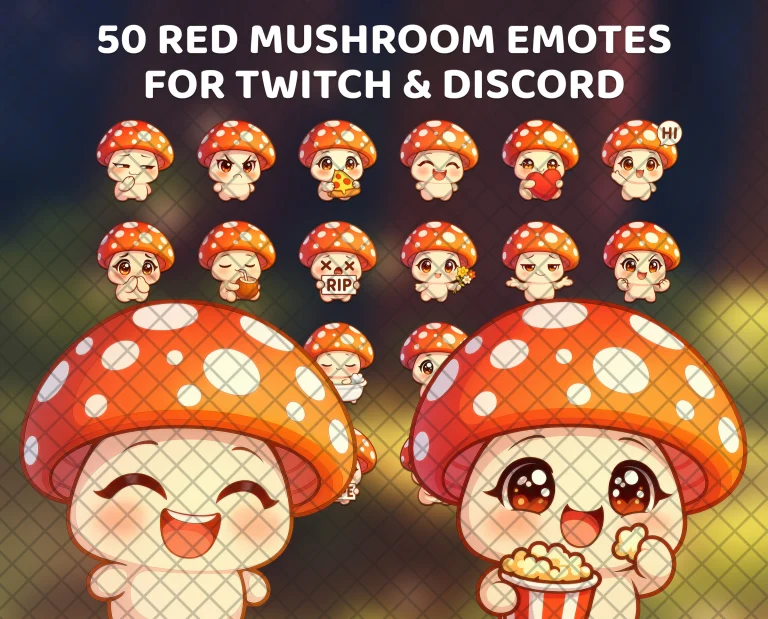 50 red mushroom emotes for Twitch, Discord and Kick: a small mushroom with a red, white-spotted cap and a cream body, in gentle reactions.