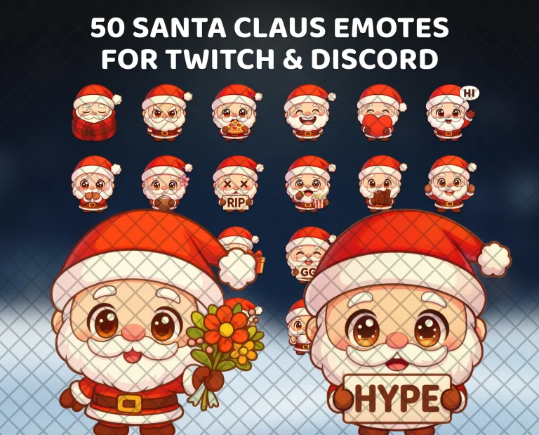 50 Santa Claus emotes for Twitch, Discord and Kick: a chibi Santa with a fluffy beard, holding up a HYPE sign or a bouquet of flowers.