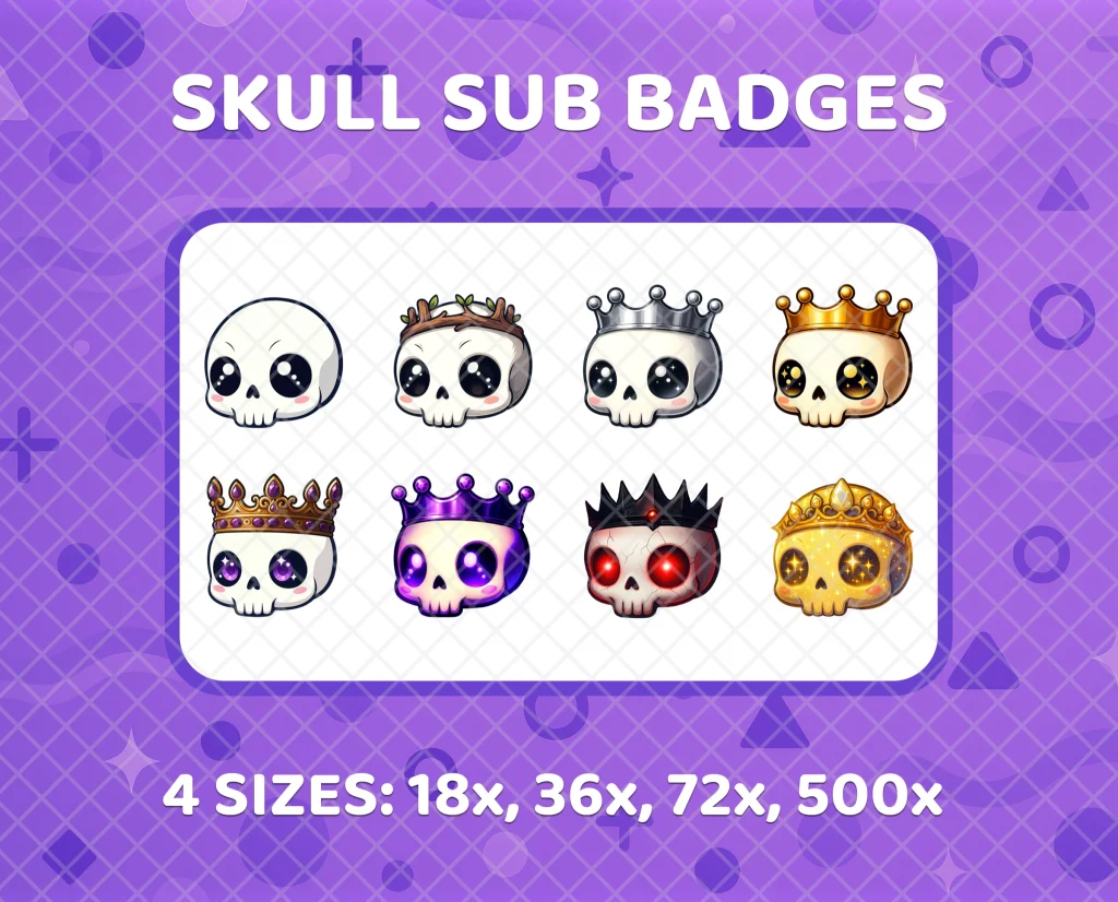 8 skull sub badges for Twitch that climb from a plain bone skull to a solid gold one, so long-time subscribers stand out in chat.