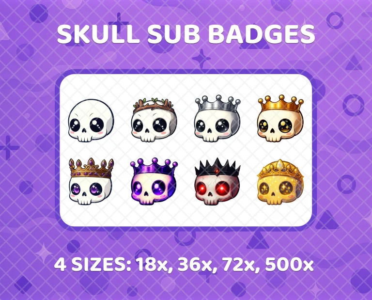 8 skull sub badges for Twitch that climb from a plain bone skull to a solid gold one, so long-time subscribers stand out in chat.