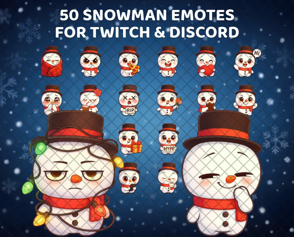 50 snowman emotes for Twitch, Discord and Kick: a snowman in a top hat and red scarf, including one grumpily tangled in Christmas lights.