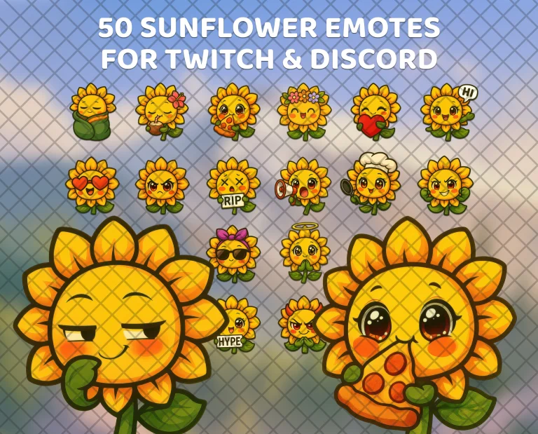 50 sunflower emotes for Twitch, Discord and Kick: a smiling sunflower with leaf arms, eating pizza in one emote and smirking in another.