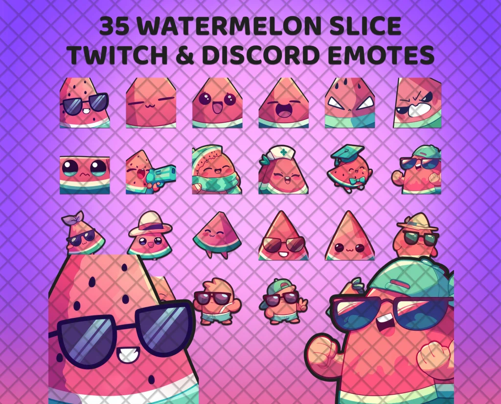 35 watermelon emotes for Twitch, Discord and Kick: pink watermelon slices in sunglasses, sun hats, a nurse's cap and a graduation cap.