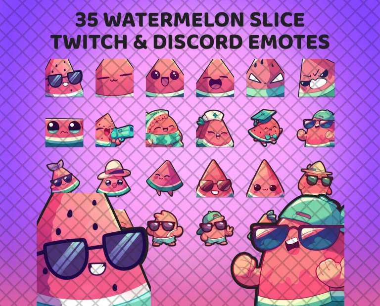 35 watermelon emotes for Twitch, Discord and Kick: pink watermelon slices in sunglasses, sun hats, a nurse's cap and a graduation cap.